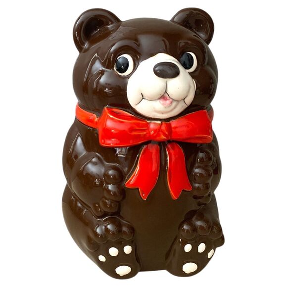 Vintage Japan Ceramic Teddy Bear Cookie Jar Red Ribbon Brown - Picture 2 of 11